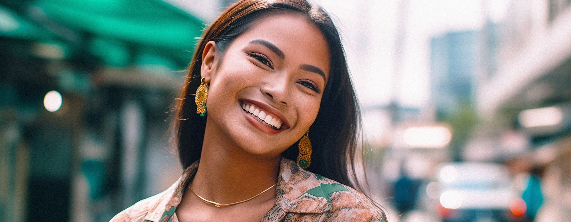 asian woman smiling at outdoor scene