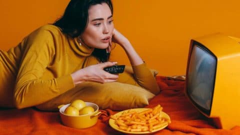 woman eating food while watching TV