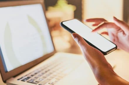 businesswoman use her mobile phone and laptop to search content